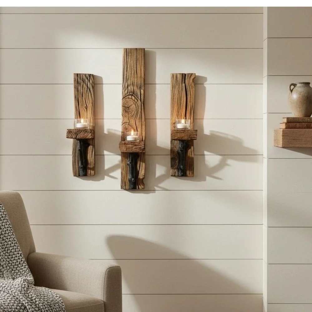 Rustic Reclaimed Wood Wall Sconce Set 3pc Floating Shelf Cast Iron‎ Branch Brown
